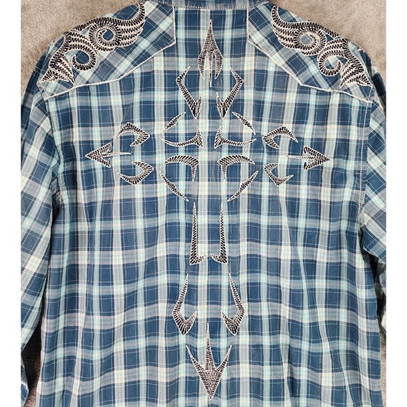 Austin Season Shirt Mens Large Plaid Distressed Embroidered Western Cowboy Top - Picture 8 of 12
